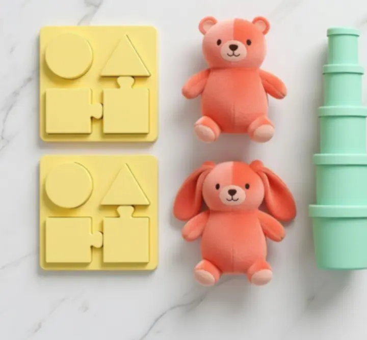 Różnorodne kategorie zabawek wyświetlone w estetyczny sposób