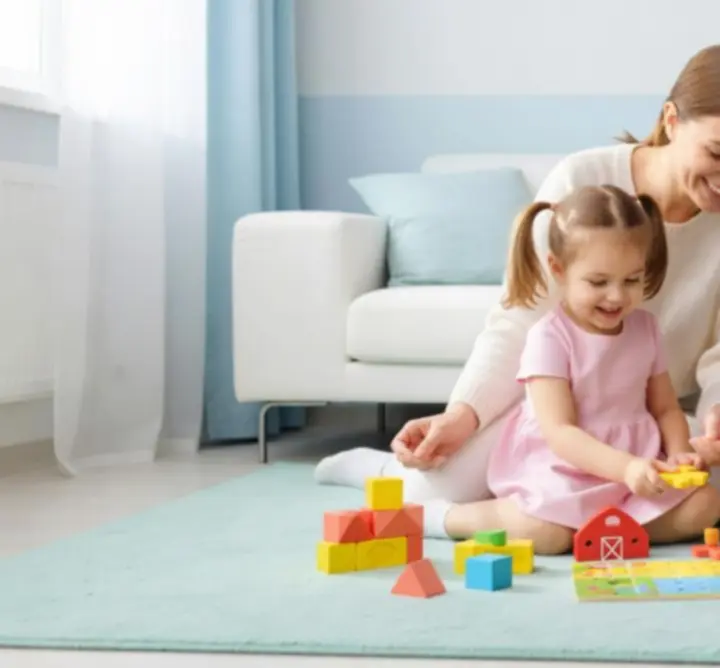 Rodzina bawiąca się razem w ciepłym, pastelowym otoczeniu